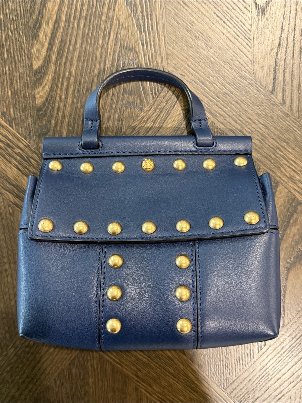 Tory Burch Navy Mini Mini Block-T Studded Top Handle Bag